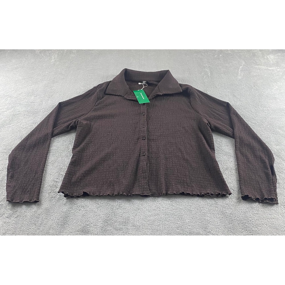 Shein Curve Brown Shirred Long Sleeve Button Down Lettuce Hem Shirt 2XL NEW